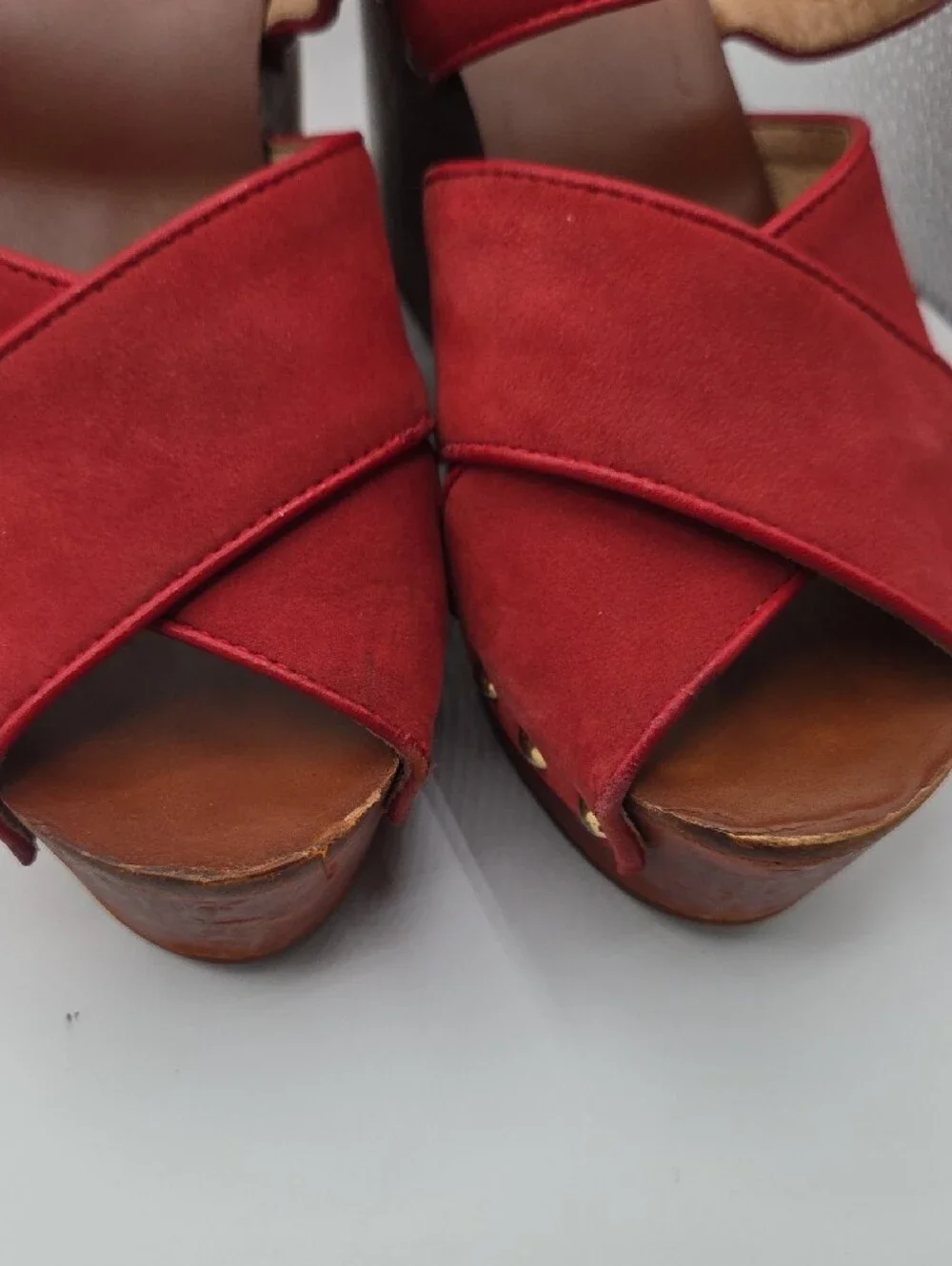 Sandro Red Suede Studded Wood Wedge Platform Sandals Euro 37 US 6.5-7